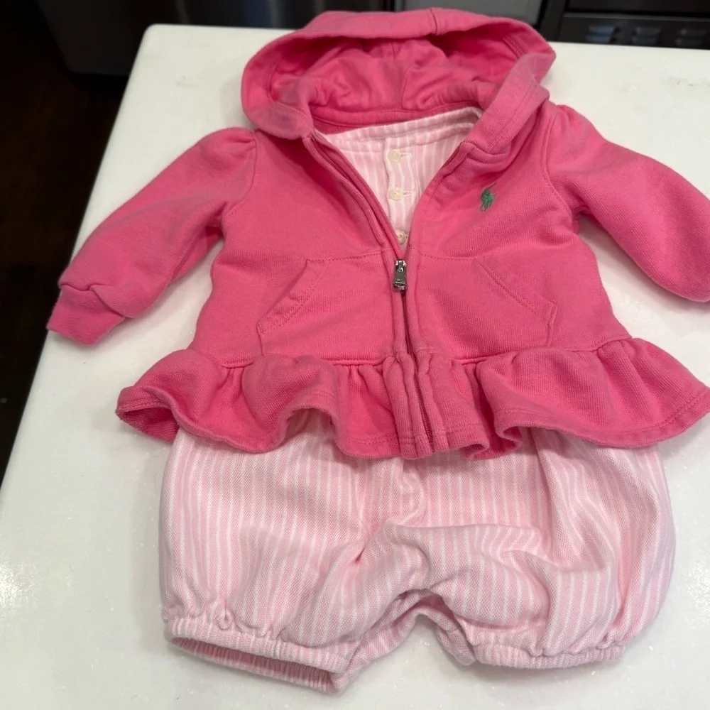 Ralph Lauren Baby Girt 2 PCS Set Pink & White Romper & Hoodie Sz 3M EUC